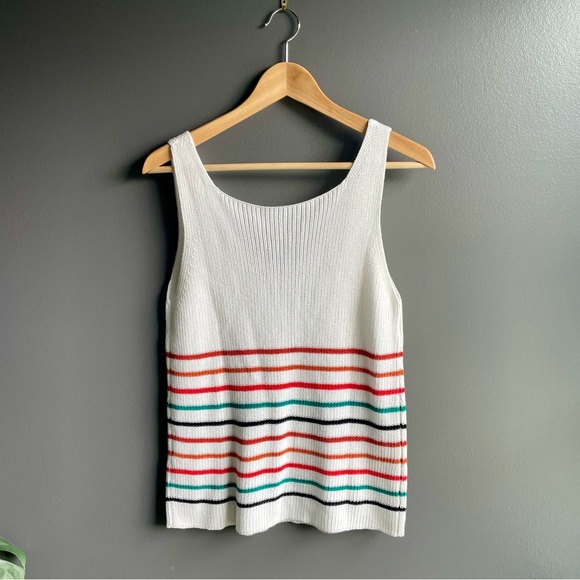 Women Knit White V Neck Tank Top Sweater with Bright Colored Stripes Size Small - Picture 2 of 4